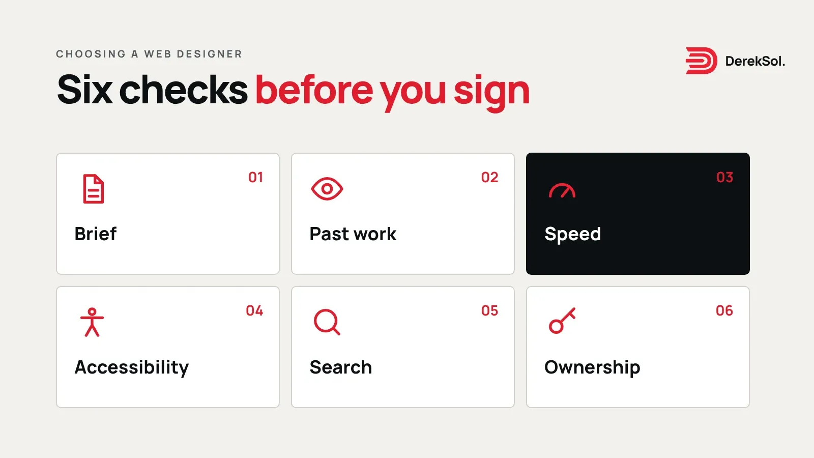 Six numbered cards with icons: brief, past work, speed, accessibility, search and ownership, under the heading “Six checks before you sign”.